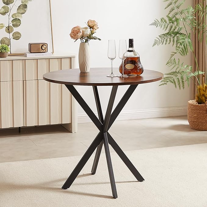 Unovivy 31.5" Small Round Dining Table for 2-4, Space Saving Circle Kitchen Dinner Table, Industrial Mid Century Modern Dining Room Desk for Kitchen, Apartment, Rustic Brown