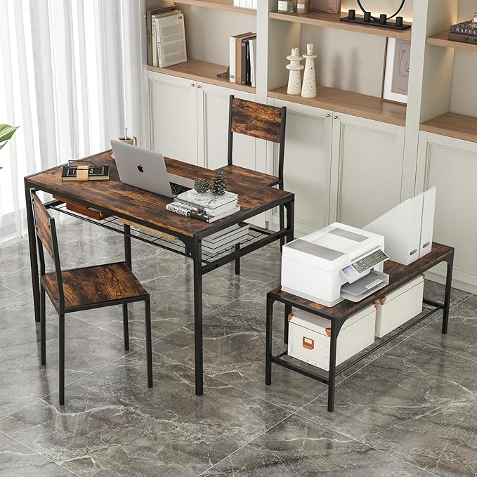 Giantex Dining Table Set for 4, Kitchen Table with Chairs & Bench, Storage Racks, Metal Frame, 4-Piece Space-Saving Dinette Set for Dining Room, Breakfast Nook, Small Space, Apartment,Rustic Brown