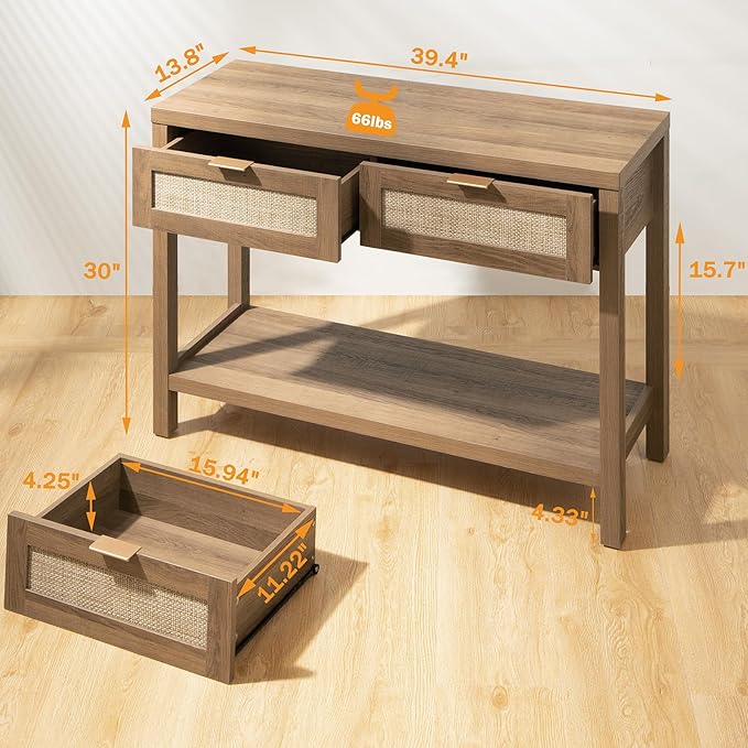 SICOTAS Console Table Set of 2 - Boho Entryway Table with Rattan Drawers, Rattan Console Table with 2 Tier Shelf, Narrow Long Sofa Tables for Living Room, Entry Table for Hallway, Foyer