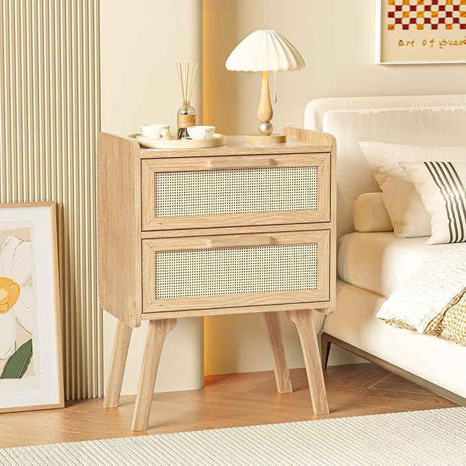 Lerliuo Rattan Nightstand, Boho Night Stand with 2 Drawers, Cane Accent Side End Table, Bedside Table with Solid Wood Legs for Bedroom, Dorm and Small Spaces (Natural)