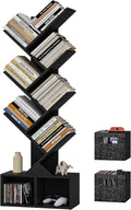 Vagusicc Tree Bookshelf, 6 Tier Bookshelf with Storage, Tall Narrow Bookcase, Rustic Wood Book Storage Rack for CDs/Books, Small Book Organizer Shelves for Bedroom, Living Room, Home Office, Black