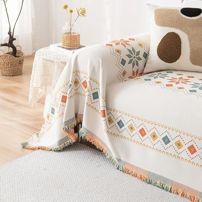 STACYPIK Modern Beige Couch Cover, Boho Jacquard Furniture Protector for 3 Cushion Couch, Reversible Decorative Soft Chenille for Sectional, L Shaped Couch Cover Washable Sofa Throw Cover-71X150IN
