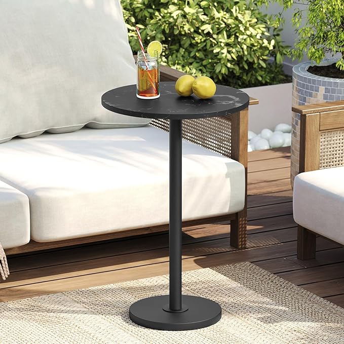 Round Side Table, Tall Drink End Table for Small Spaces, Pedestal Style Martini Side Table in Living Room, Bedroom, Dormitory, Marble Black and Black ET30BM