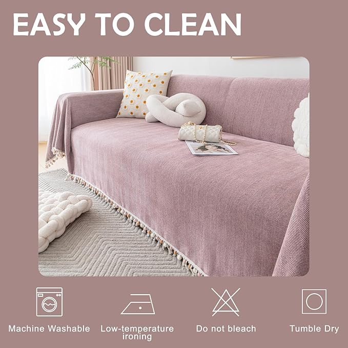 HANDONTIME Solid Boho Sofa Cover for 3 Cushion Couch - Pink-Purple Chenille Throw With Tassels for Dogs, 91" X 150" - Mauve