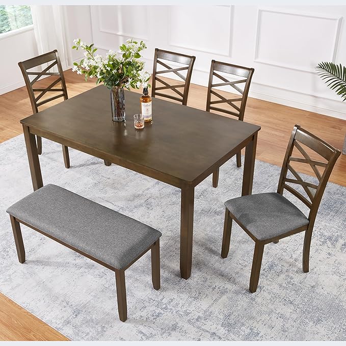 soges 6 Piece Kitchen Dining Set, Rectangular Wooden Dining Table with 4 Upholstered Chairs and a Bench, Morden Dining Table Set for 6 People, Living Room, Home Bar and Kitchen, Walnut