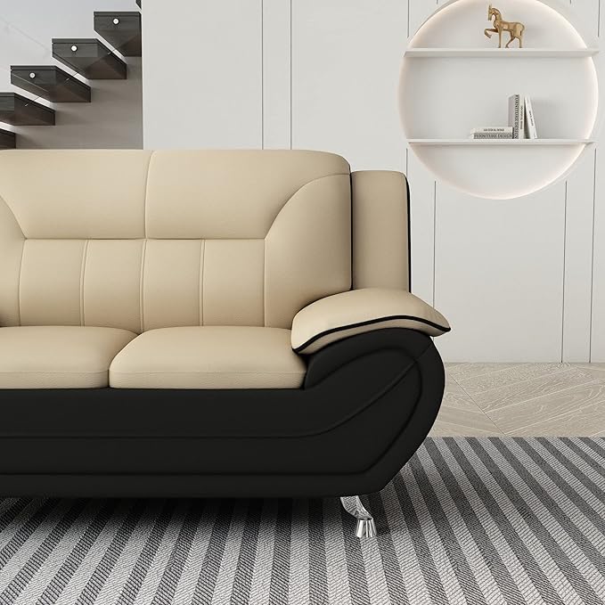 Container Furniture Direct Michael Modern Faux Leather Upholstered Stainless Steel Legs Living Room Sofa, Loveseat, Black Camel