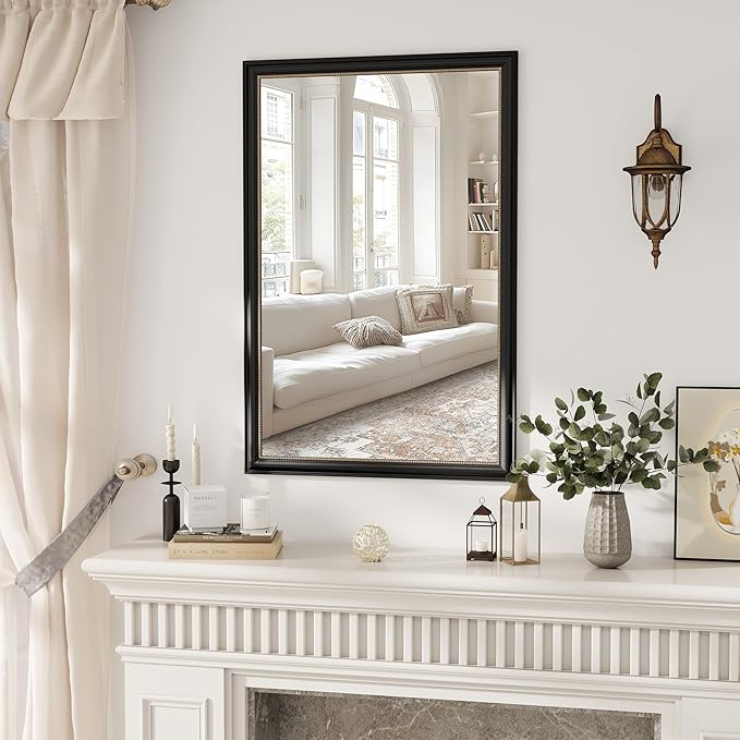 Axeman 32x48 Rectangular Wall Mirror, Decorative Bathroom Mirror, Traditional Vintage Wall Mounted Mirror with Beaded Frame for Accent Living Room Vanity Bedroom Entryway, Black
