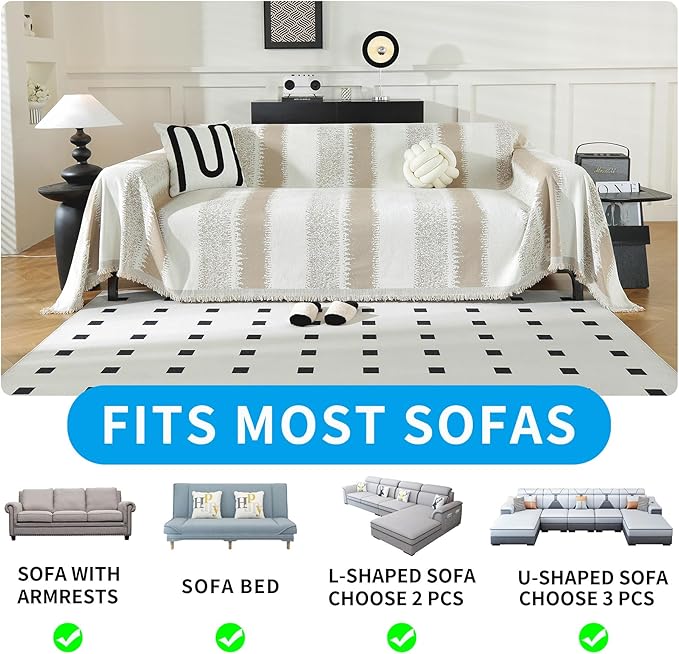 LUFEIJIASHI Boho Couch Covers for Sofa Non Slip Sofa Covers Washable Couch Covers for 3 Cushion Couch Sofa Pet Friendly Sectional Couch Cover Blanket Furniture Protector for Dogs (Khaki, 91"x150")