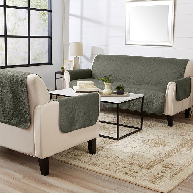 Great Bay Home Medallion Stitched Solid Furniture Protector Stain Resistant Durable Furniture Protector Elenor Collection (Recliner, Sage Green/Light Gray)