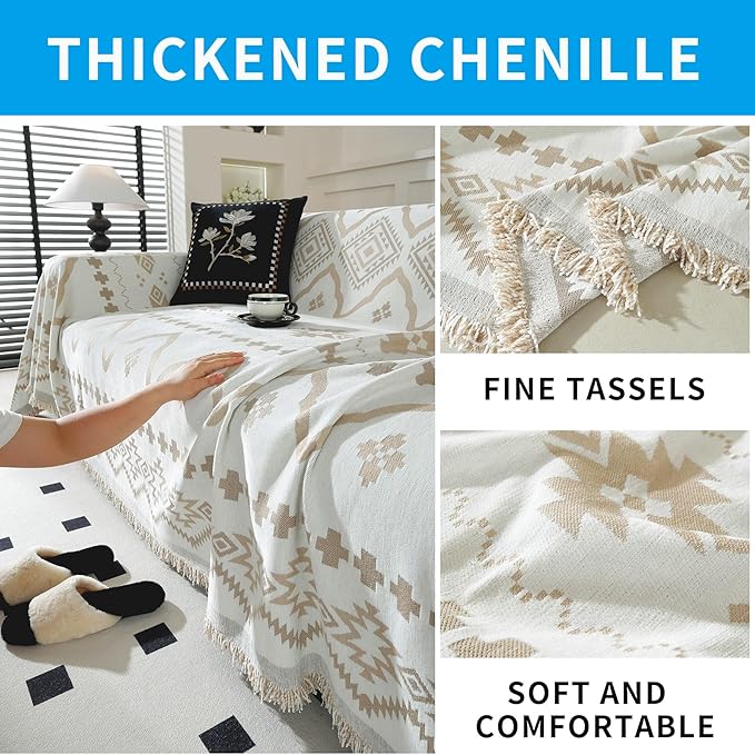 LUFEIJIASHI Boho Couch Covers for Sofa Non Slip Sofa Covers Washable Couch Covers for 3 Cushion Couch Sofa Pet Friendly Sectional Couch Cover Blanket Furniture Protector for Dogs (Khaki, 91"x150")