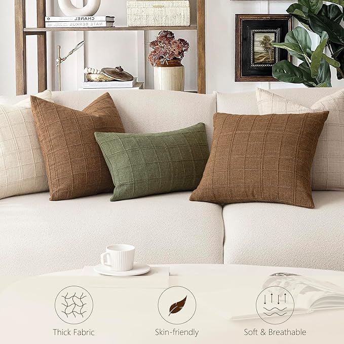 Foindtower Set of 2 Decorative Linen Check Throw Pillow Covers Neutral Farmhouse Vintage Cushion Covers Modern Boho Home Decor For Sofa Chair Couch Bedroom Living Room Outdoor,22×22 Inch,Natural Beige