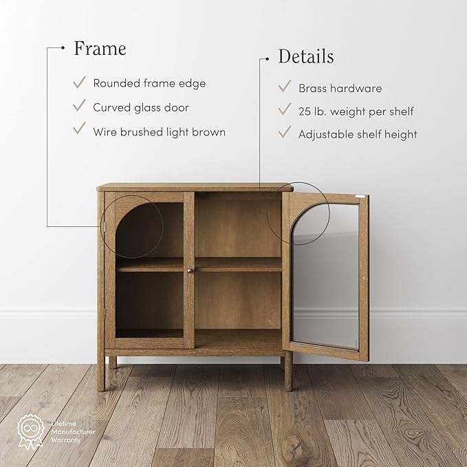 Nathan James Mason TV Stand, Free Standing Accent Sideboard Buffet, Credenza with Glass Doors and Adjustable Shelf in Brushed Light Brown Wood for Dining Room, Entryway and Living Room, Set of 2