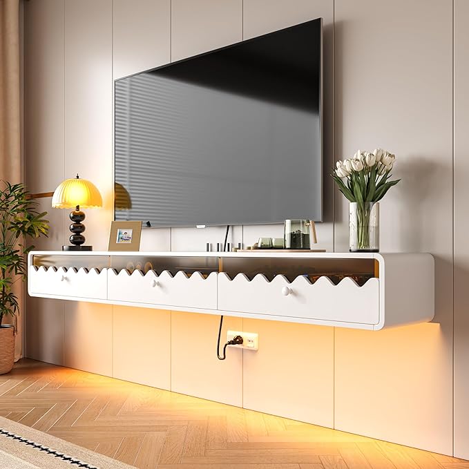 Floating TV Stand, 86IN Fully-Assembled Wall Mounted Wave Glass with Flip-Down Door & Drawers, Modern Media Entertainment Console Under TV Shelf for Livingroom