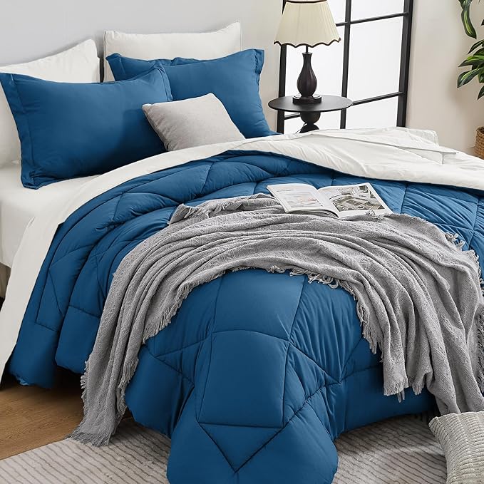 HEVUMYI Teal Blue & Ivory Queen Comforter Set - 7-Piece All Season Bed in a Bag Queen, Ultra Soft Bedding Set with Comforter, Flat Sheet, Fitted Sheet, Pillowcases, Pillow Shams, Teal Blue & Ivory