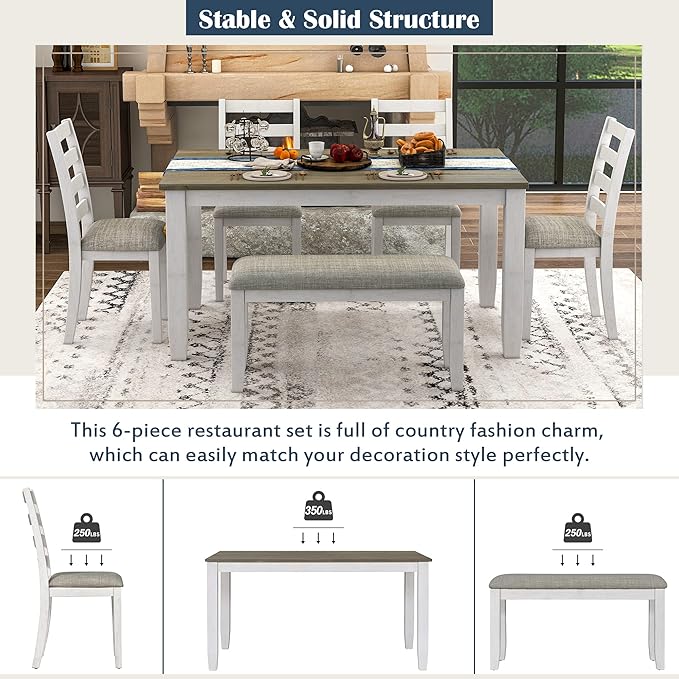 Merax 6-Piece Wooden Rectangular Dining Table Set with 4 Upholstered Chairs and Bench, Whitewash+Brown