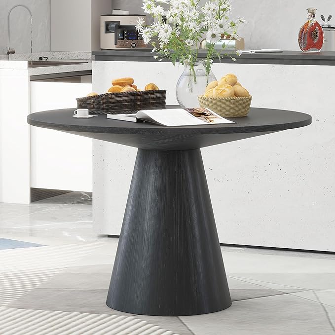 Wooden Kitchen Round Dining Table for 4-6, Round Kitchen Table with Circular Tabletop with Wood Pedestal Base, Rustic Farmhouse Furniture