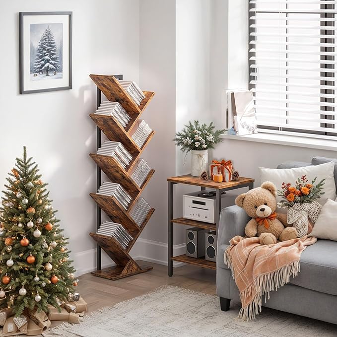 HOOBRO Tree Bookshelf, 9-Tier Bookcase Wooden Shelves, Floor Standing Storage Rack, for Display of CDs, Books in Living Room, Home Office, Wood Storage Rack for Bedroom, Rustic Brown BF08SJ01G1