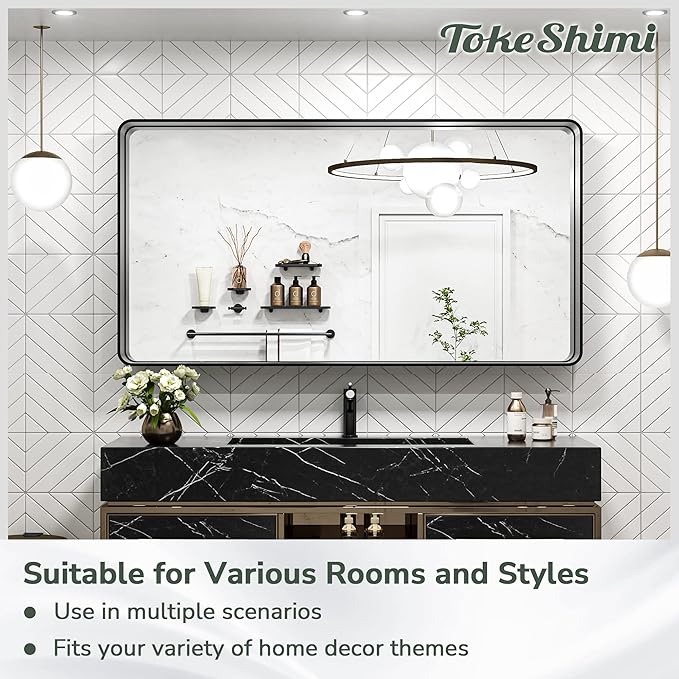 TokeShimi 48 x 24 Inch Wall Mirror Black Bathroom Vanity Mirror with Metal Frame Aluminum Alloy Rounded Corner for Modern Farmhouse Wall Decor 1”Deep Set Design (Horizontal/Vertical)