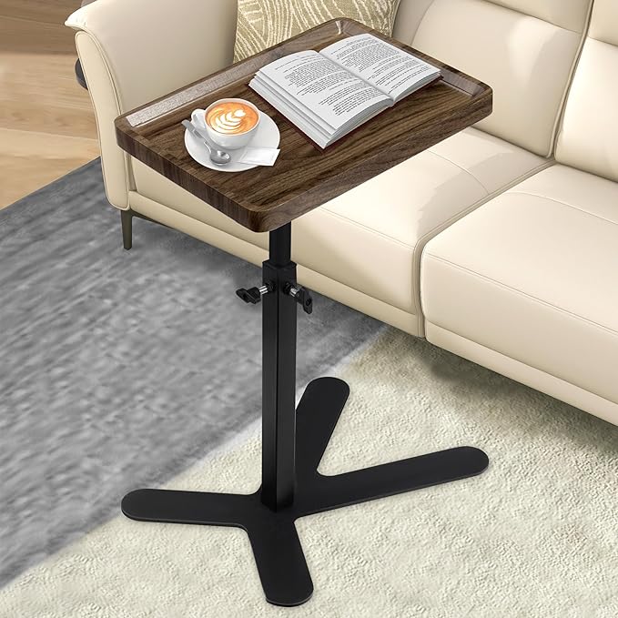 Aoligrace Walnut Side Table Adjustable Height, 360° Swivel C Shaped End Table with Metal Base, Small TV Tray for Living Room Bedroom Small Spaces, Sofa Couch Tables That Slide Under