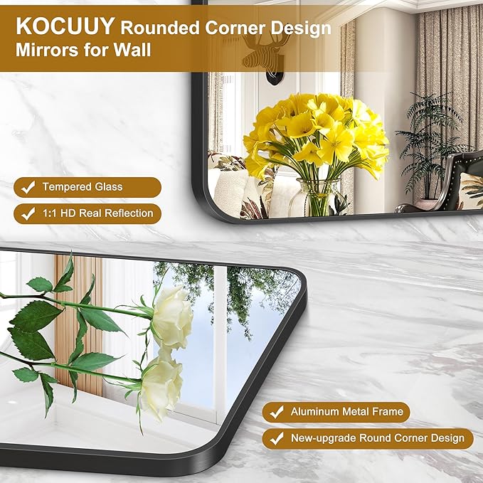 KOCUUY 42"x42" Large Square Vanity Mirror, Black Metal Frame Mirror with Rounded Corner, Modern Design of Upgraded Shatterproof Glass for Bathroom, Bedroom, Living Room, Entryway