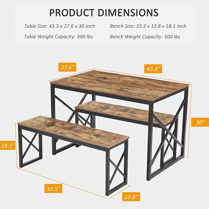 VECELO Kitchen Table with 2 Benches for 4, Wood Dining Room Dinette Sets for Breakfast Nook and Small Space, Brown