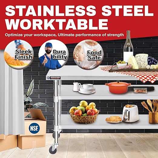 DuraSteel Stainless Steel Work Table 30" x 60" x 34" Height w/ 4 Caster Wheels - Food Prep Commercial Grade Worktable - NSF Certified - Good for Restaurant, Business, Warehouse, Home, Kitchen, Garage