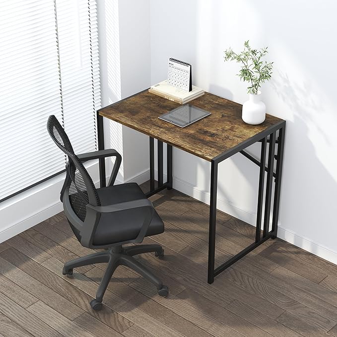 32 inch Small Folding Computer Desk, Writing Gaming Computer Desk for Small Spaces, No Assembly Required Home Office Desk, Rustic Brown