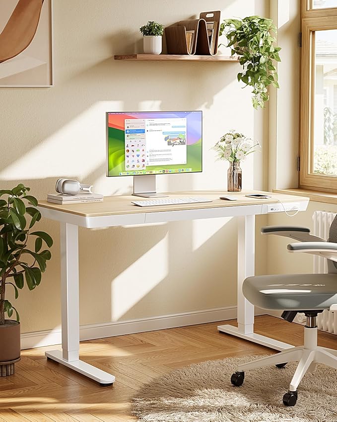 Marsail Electric Solid Standing Desk, 48 x 24 inch Standing Desk with Drawer, Sit Stand Desk with Tabletop & USB Charging Ports, Height Adjustable Desk with Storage for Home & Office Natural