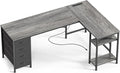 Huuger 63 Inch L Shaped Desk with Fabric Drawers, Reversible Computer Gaming Desk with Power Outlets and USB-C Port, Adjustable Side Storage Shelves, for Work Study Corner Home Office, Grey