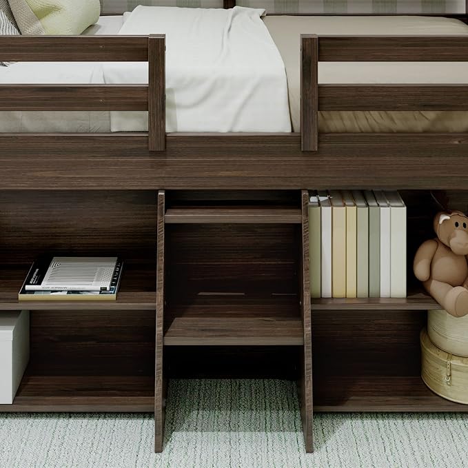 Max & Lily Modern Farmhouse Low Loft Bed, Twin Bed Frame for Kids with 2 Bookcases, Barnwood Brown