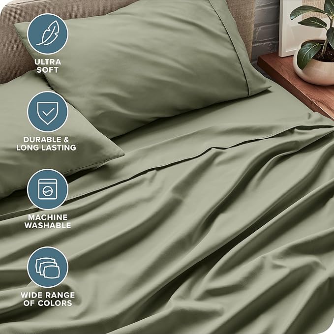 Bare Home Twin Sheet Set - 1800 Ultra-Soft Microfiber Twin Bed Sheets - Double Brushed - Deep Pockets - Easy Fit - Extra Soft - 3 Piece Set - Bedding Sheets & Pillowcases (Twin, Sage)