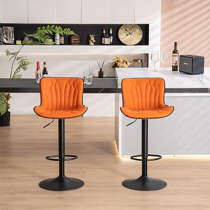 YOUNIKE Orange Bar Stools Set of 6 Modern Swivel Counter Height Bar Chair with Back Adjustable Kitchen Island Faux Leather Padded Barstools taburetes de bar Breakfast sillas para barra de cocina 6PCS