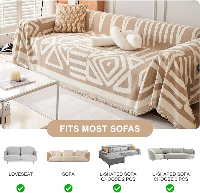 STACYPIK Boho Khaki White Cream Sofa Cover for Sofas Chenille Triangle Couch Cover Reversible Furniture Covers for 3-4 Cushion Couch L Shaped Couch Cover for Dogs Cats Non-Silp Loveseat Cover-91X150IN