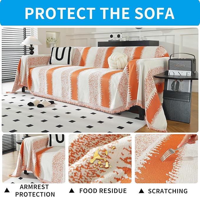 LUFEIJIASHI Boho Couch Covers for Sofa Non Slip Sofa Covers Washable Couch Covers for 3 Cushion Couch Sofa Pet Friendly Sectional Couch Cover Blanket Furniture Protector for Dogs (Orange, 71"x134")
