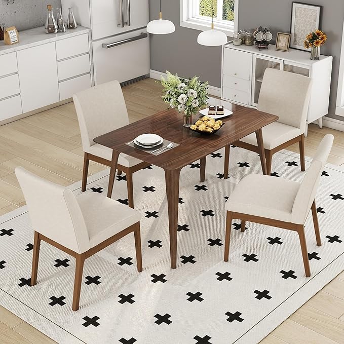 Ball & Cast 5-Piece Dining Table Set for 4,Kitchen Table Set W/ 47" Rectangle Table,Living Room Furniture W/ 4 Upholstered Chairs,for Dining Room,Kitchen,Restaurant,Walnut+Light Beige