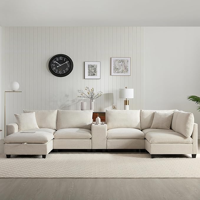 Merax 140'' Oversized Modular Sectional Sofa with Storage Ottoman and Console, Removable Storage Pockets, Cup Holder, Wide Seat, USB Charger, 6 Seat U Shaped Chenille Couch Set for Living Room, Beige