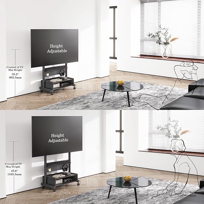 FITUEYES Rolling TV Floor Stand for 40-85in TVs, Heavy Duty Mobile TV Stand on Wheels Lockable, TV Cart with Wooden Large Storage Shelf & Pegboard Hold up to 132 lbs for Bedroom, Living Room, Office