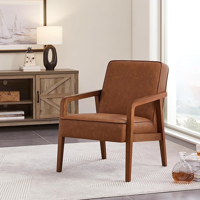Yaheetech PU Leather Accent Chair, Mid-Century Modern Barrel Chair with Wooden Frame and Soft Thick Padded for Living Room Bedroom Home Office, Light Brown