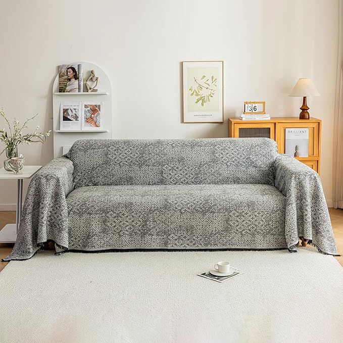 STACYPIK Geometric Pattern Sofa Cover Blanket, Black Couch Throw for Living Room, Couch Covers for Dogs, Washable Furniture Protector for 3 Cushion Sofa with Tassel, Anti-Slip Throw Cover-71X150IN