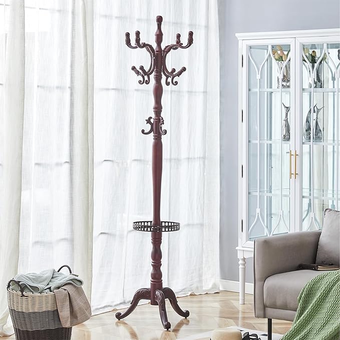 Solid Wood Coat Rack Freestanding, 77" Adjustable Hall Tree Hanger With Hooks, Coat Hanger Stand for Hanging Clothes Bags Hats in Living Room Bedroom