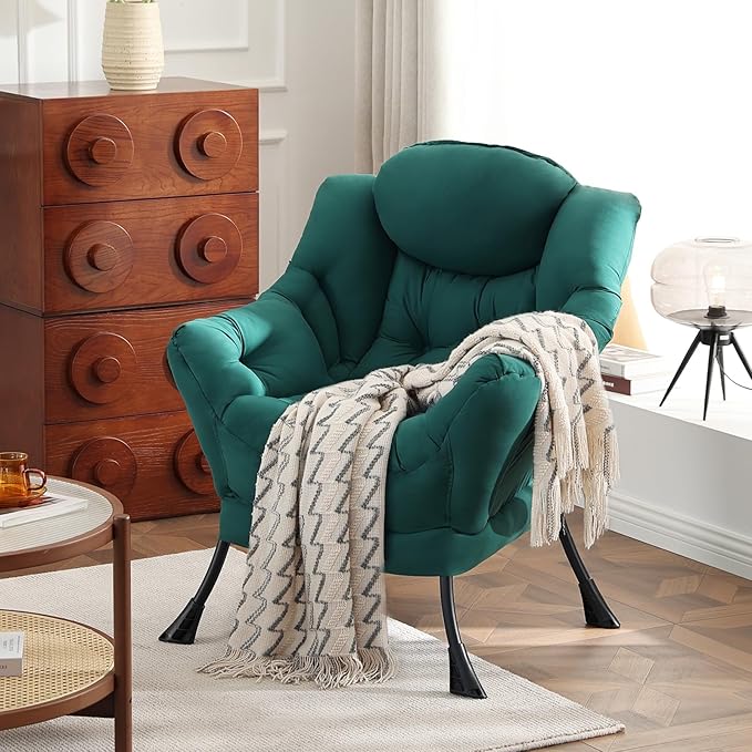 Lazy Chair, Reading Armchair, Large Modern Lounge Accent Chair, Leisure Sofa Chair for Living Room, Bedroom, Dorm Room (Dark Green)