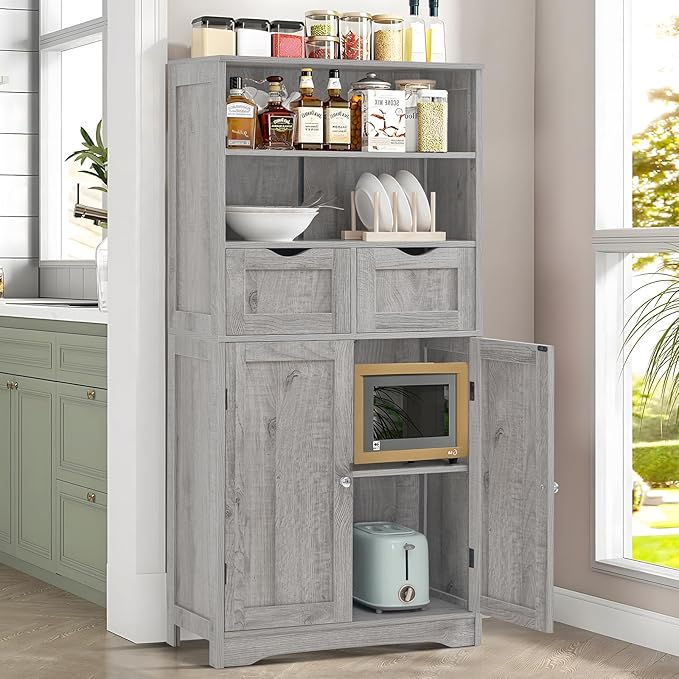 Iwell Tall Storage Cabinet with 2 Drawers & Adjustable Shelf, Bathroom Cabinet with Doors, Cupboard, Kitchen Cabinets for Living Room, Dining Room, Entryway, Grey