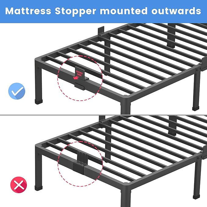 MAF 16 Inch Twin Bed Frames with Round Corner Legs Mattress Slide Stopper No Box Spring Needed Heavy Duty Metal Platform Bed Frame Under-Bed Storage Space, 3000 LBS Steel Slats Support
