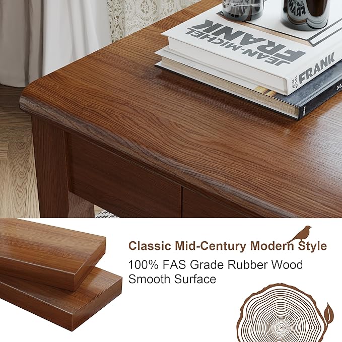 Solid Wood Desk with Drawers - 47 x 16 Inch Vintage Narrow Desks, Mid Century Modern Desks, Rubber Wood Study Table, Small Writing Desk for Bedroom|Small Spaces - Walnut Color