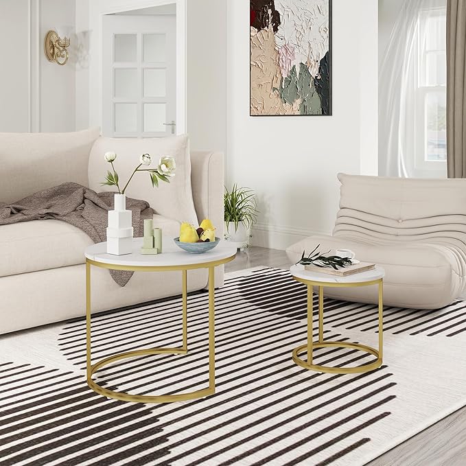 Nesting Tables Set of 2, Round Coffee Table, Small Nesting Coffee Table with Adjustable Non-Slip Fee, White Marble Top Stack Nesting Tables Set of 2 for Living Room, Bedroom (White)