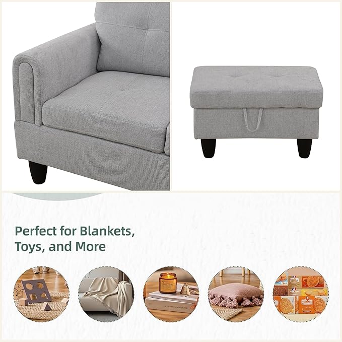 L Shaped Sectional Couches for Living Room, Modern Modular Sectional Sofa with Ottoman Storage, Comfy L Shaped Couch with Chaise for Bedroom Apartment Furniture, Gray