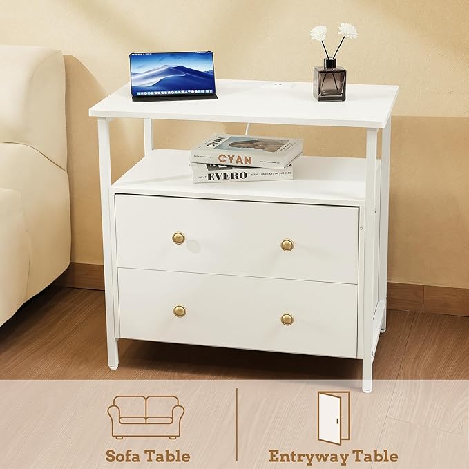 27 inch Wide Nightstand with Charging Station, Bedside Table with Open Shelf, 2 Drawers Small Wood Dresser, End Side Table for Bedroom (2 Pack,White)
