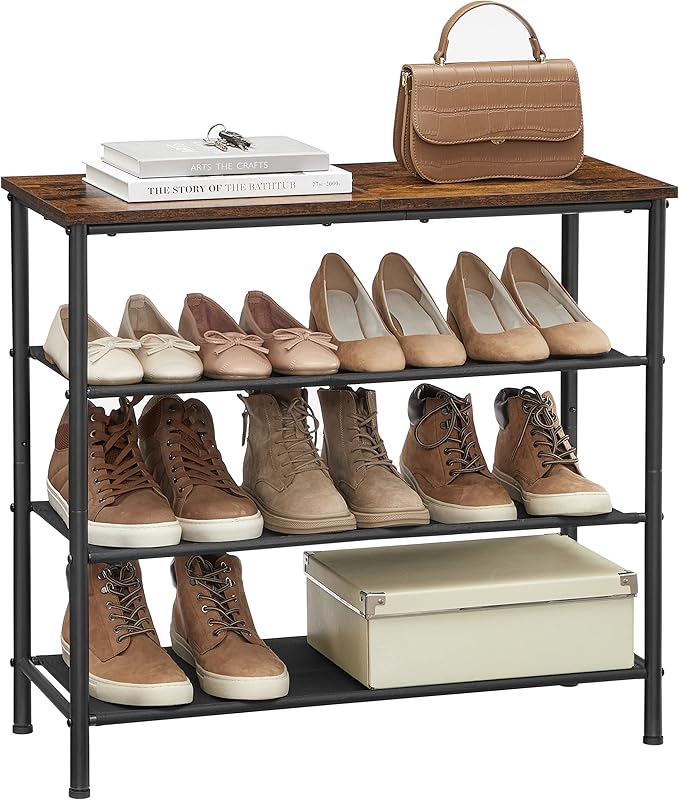VASAGLE Shoe Rack, 4-Tier Shoe Storage Organizer for Entryway and Closet, Holds 9-12 Pairs of Shoes, 3 Fabric Shelves, Steel Frame, Industrial, Rustic Brown and Black ULBS035B01