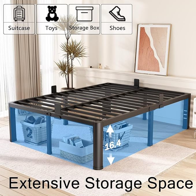 FUIOBYVV 18 Inch Full Bed Frame with Rounded Corner and Headboard Hole Mattress Retainers 3500 LBS Metal Heavy Duty Steel Slats Support No Box Spring Needed Platform Noise Free Easy Assembly