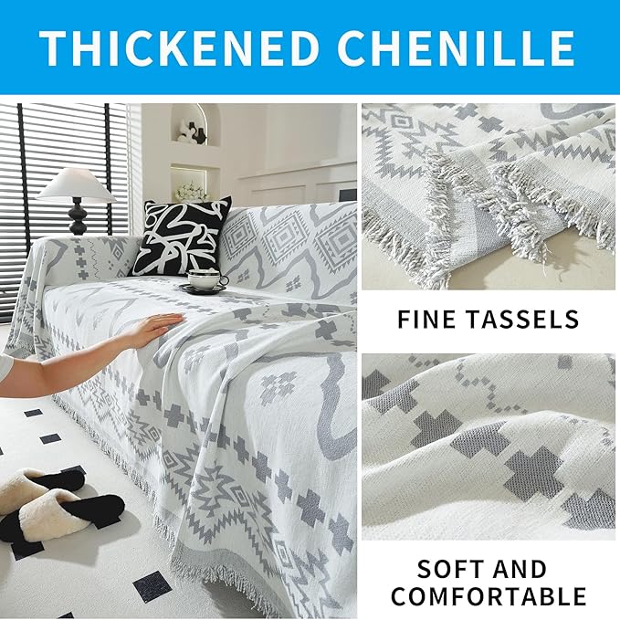 LUFEIJIASHI Boho Couch Covers for Sofa Non Slip Sofa Covers Washable Couch Covers for 3 Cushion Couch Sofa Pet Friendly Sectional Couch Cover Blanket Furniture Protector for Dogs (Grey, 71"x150")